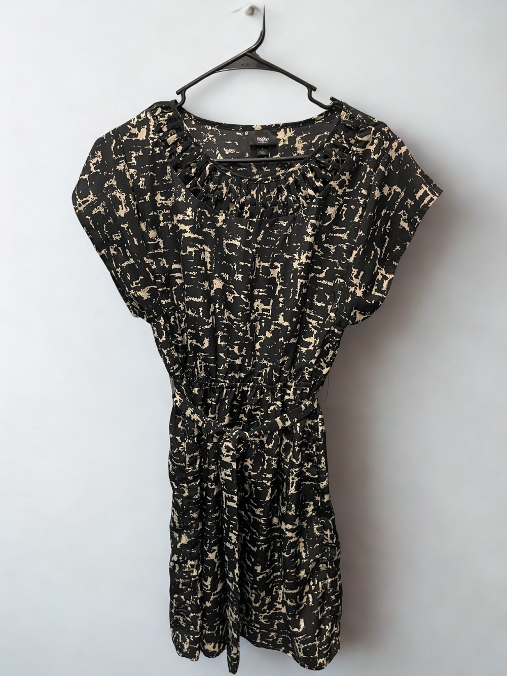 Massimo Black and Cream Printed Midi Dress with Tie Waist